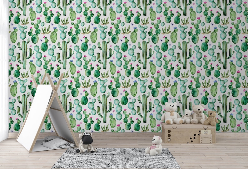 Watercolor Hand Drawn Cacti Kids Wall Mural CC209 Self Adhesive Removable Floral Wallpaper Green Cactus with Purple Flowers