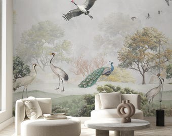 Vintage Japanese Crane Wall Mural - Chinoiserie Heron Bird Peel and Stick Landscape Wallpaper CCM207