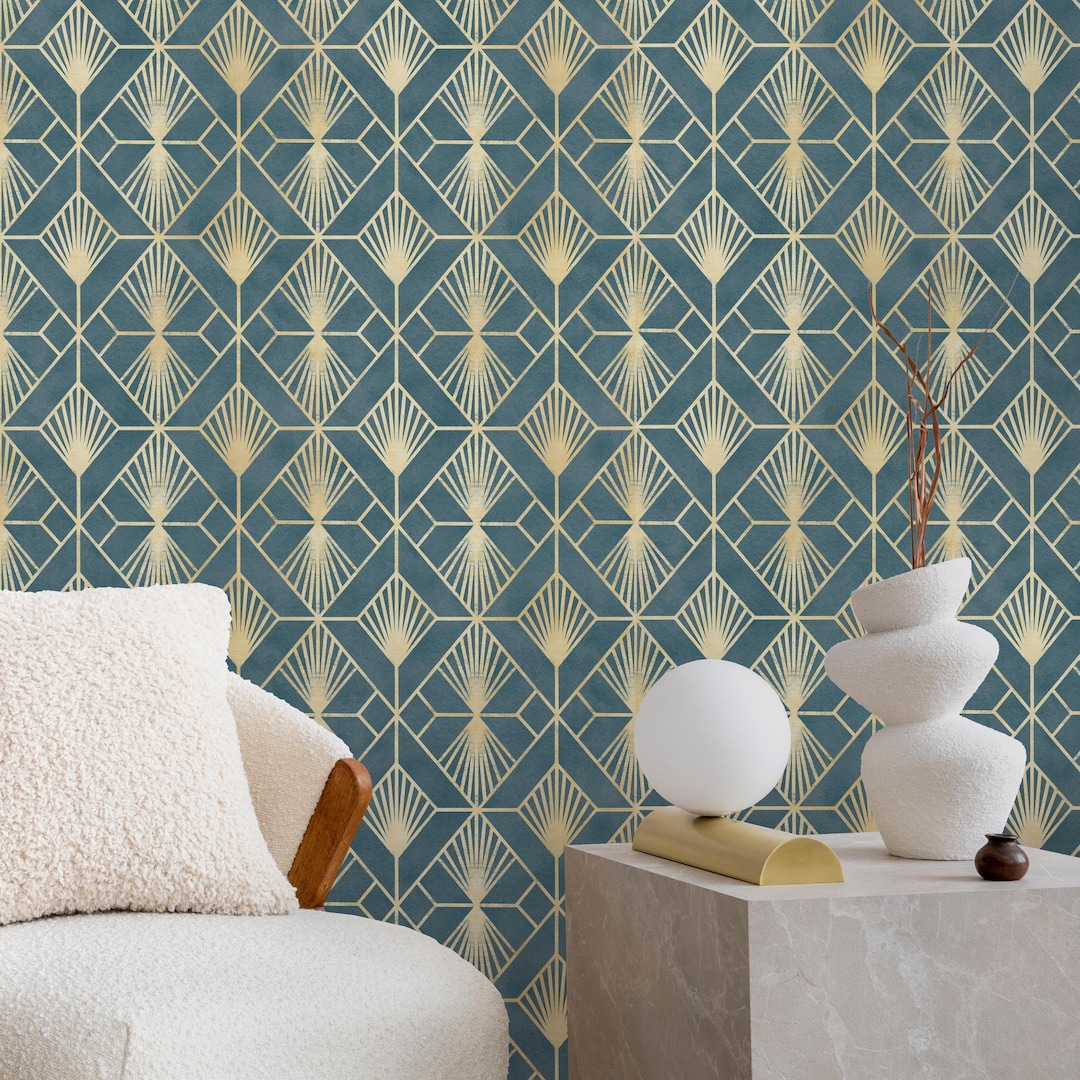 Art Deco Geometric Peel and Stick Wallpaper - Teal Faux Gold Vintage ...