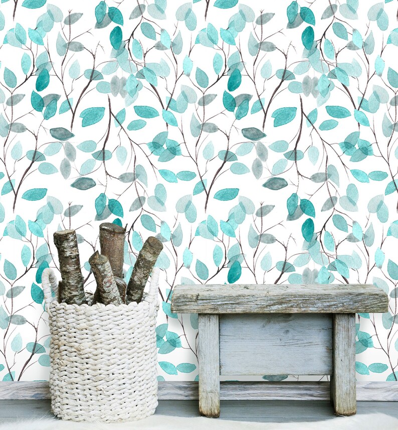 Blue Leaves Removable Wallpaper - Botanical Peel and Stick Wall Fabric ...