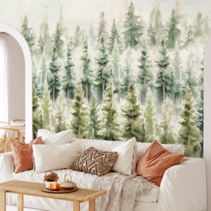 Watercolor Woodland Wall Mural Scenic Removable - Fairy Pine Tree Peel and Stick Kids Nursery Decal - Self Adhesive Forest Wallpaper CCM113