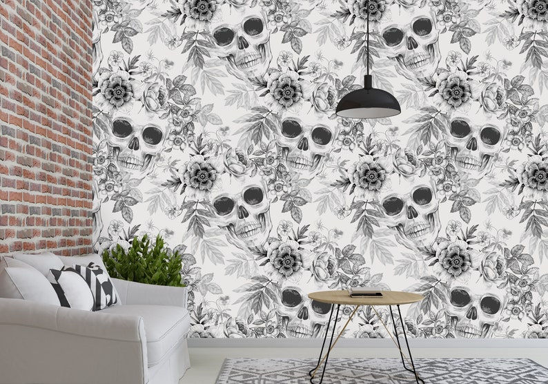 Black and White Skull Self Adhesive Wallpaper Gothic Art - Etsy