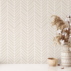Beige Herringbone Removable Wallpaper - Chevron Self Adhesive Wall Decal - Geometric Peel and Stick Wall Paper -Temporary Beige Mural CC031