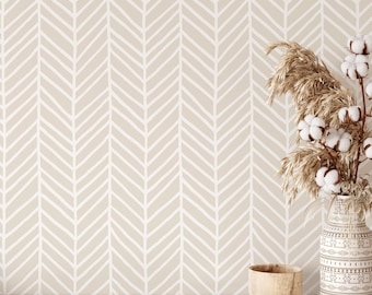 Beige Herringbone Wallpaper - Chevron Pattern Boho Geometric Peel and Stick Wall Mural CC031