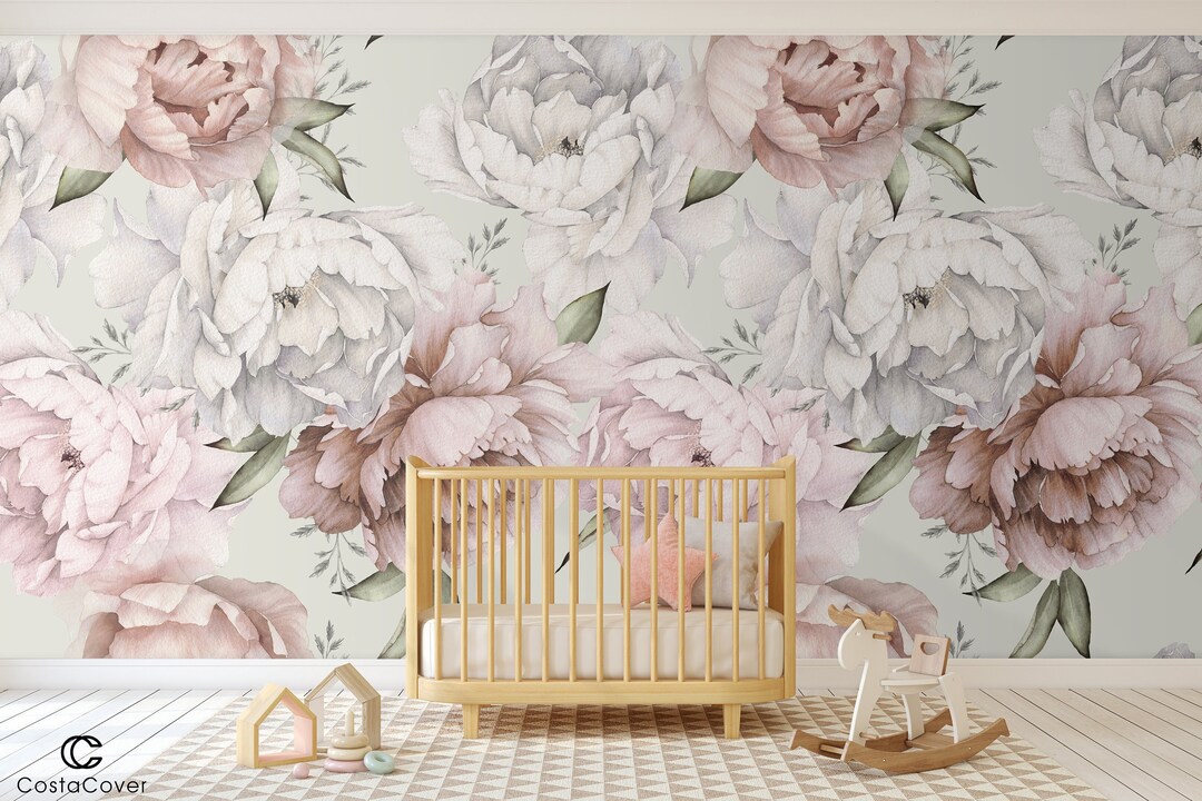 White Pink Blush Peony Peel and Stick Wall Mural - Watercolor Floral ...