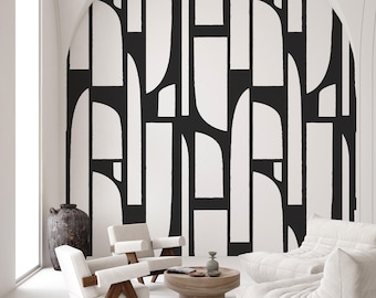 Black White Geometric Shapes Wallpaper in Modern Abstract Minimalist Style CCM160