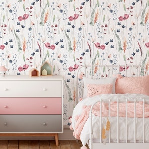 Boho Wildflowers Peel and Stick Wallpaper - Pastel Blush Floral Wall Decal Print - Botanical Self Adhesive Fabric Wallpaper CC279