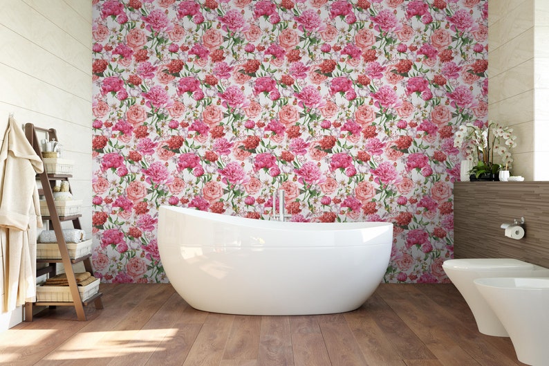 Floral Blooming Temporary Wallpaper Pink Peonies Red Roses - Etsy