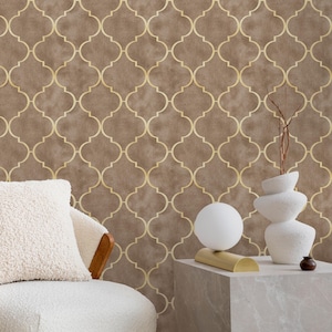 Light Brown Gold Effect Art Deco Peel and Stick Wallpaper - Removable Luxury Wall Decal - Vintage Print Self Adhesive Wall Mural CC330