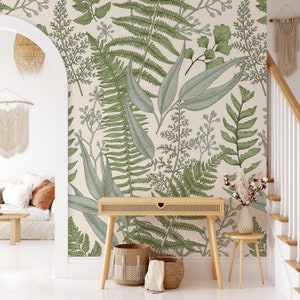 Green Leaves Removable Mural Wallpaper - Fern Botanical Self Adhesive Wall Decor - Peel and Stick Wallpaper - Temporary Decal CCM081