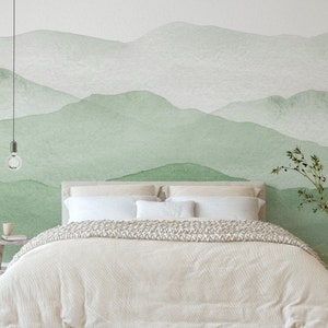 Watercolor Green Mountain Peel and Stick Mural Wallpaper - Abstract Boho Style Self Adhesive Hand Drawing - Removable Wall Decal CCM064