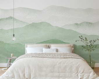 Watercolor Sage Green Mountain Peel and Stick Wallpaper - Abstract Boho Landscape Wall Mural CCM064