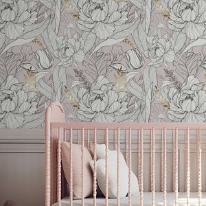 Blush Pink Peony Tulip Flowers Peel and Stick Wallpaper - Removable Floral Sketch Art Wall Decal - Botanical Self Adhesive Wall Mural CC297