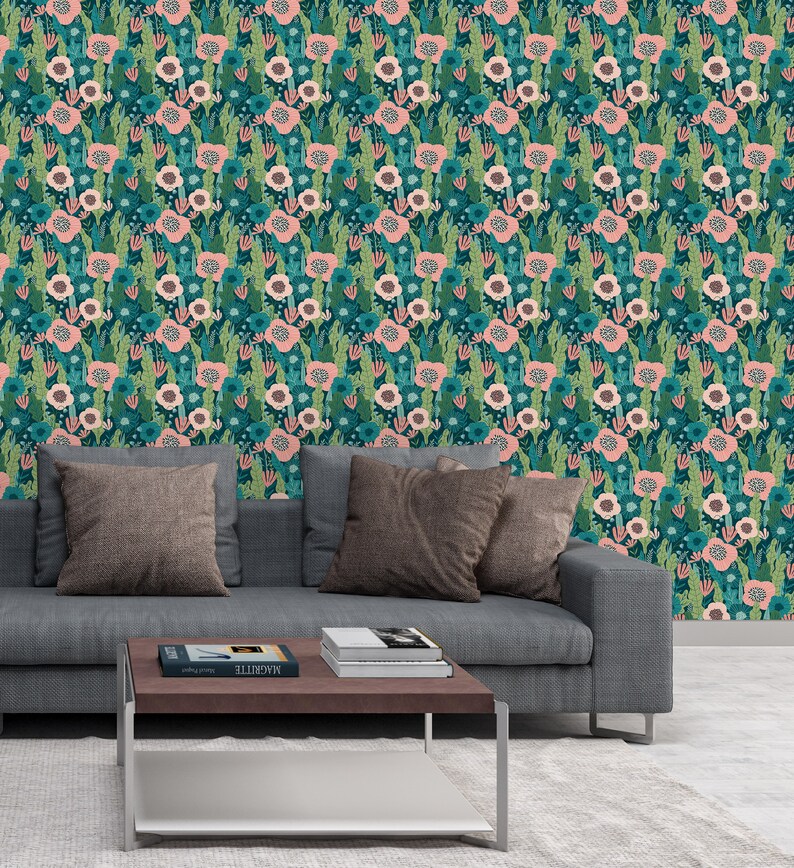 Self Adhesive Floral Wallpaper Green Pink Botanical Etsy