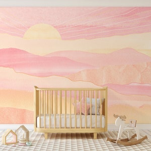 Watercolor Wall Mural - Abstract Boho Self Adhesive Wallpaper - Pink Orange Mountains Sunset Peel and Stick - Removable Wall Decal CCM115