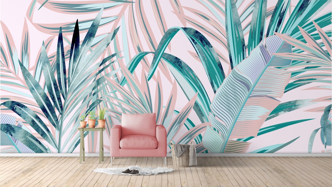 Tropical Banana Leaf Peel and Stick Wall Mural - Palm Leaves Pink ...