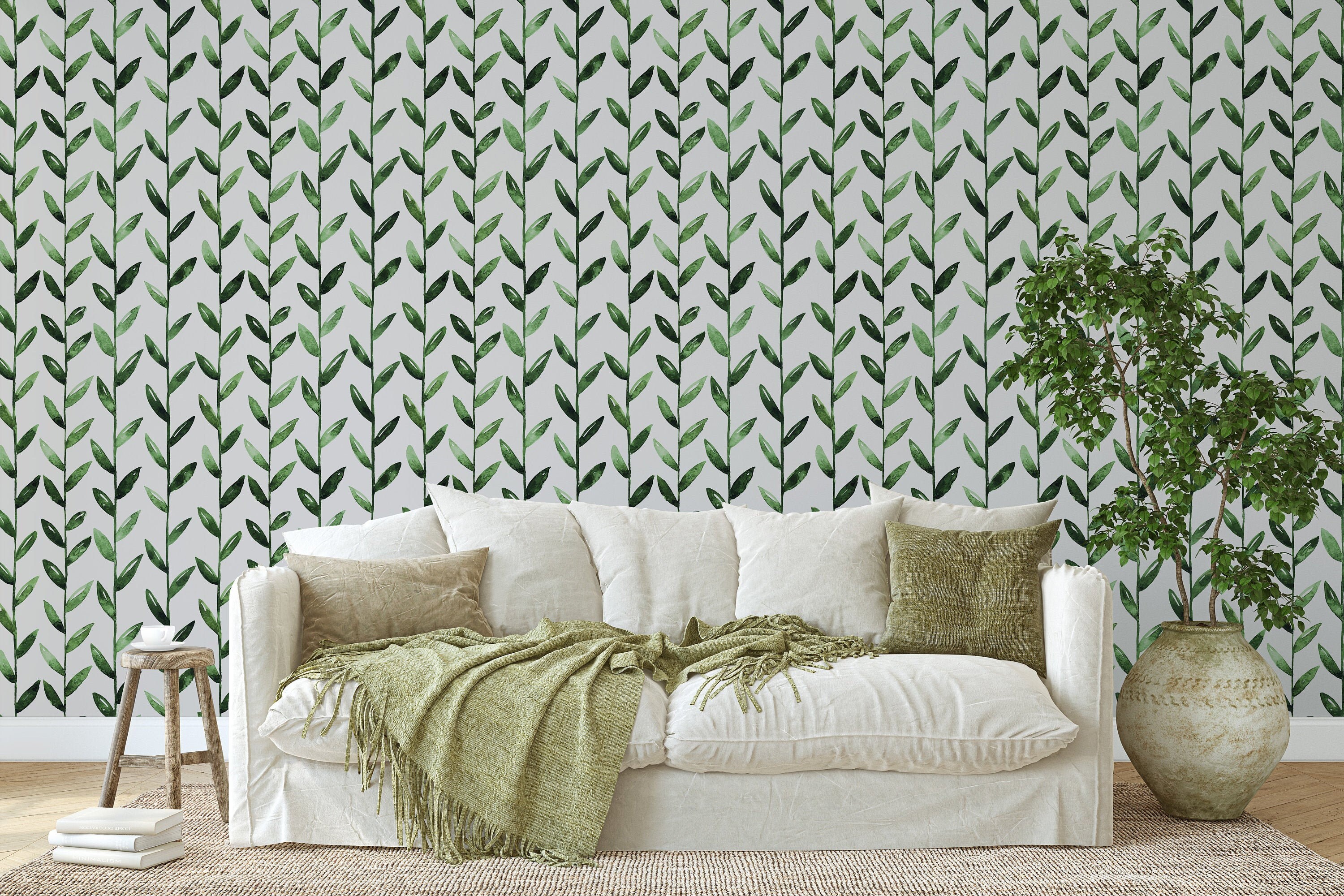 Self Adhesive Green Leaves Wallpaper Watercolor Removable - Etsy