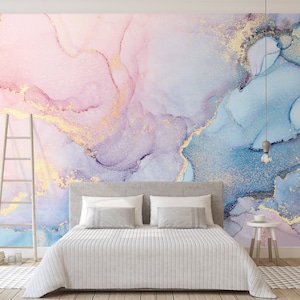 Watercolor Abstract Peel and Stick Mural Wallpaper - Self Adhesive Decor - Bathroom Nursery Pink and Blue Paint Removable Wall Decal CCM015