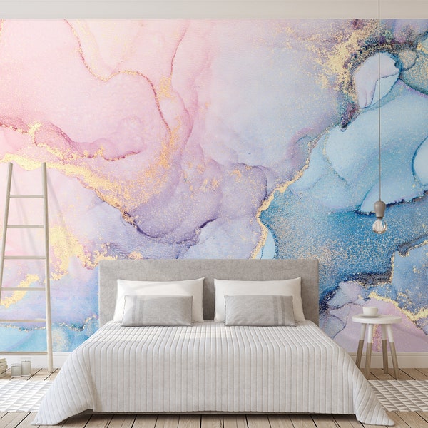 Watercolor Abstract Peel and Stick Mural Wallpaper - Self Adhesive Decor - Bathroom Nursery Pink and Blue Paint Removable Wall Decal CCM015