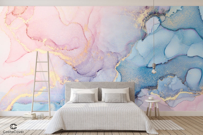 Watercolor Self Adhesive Wallpaper - Abstract Peel and Stick Mural - Bathroom Nursery Pink and Blue Paint Removable Wall Decal CCM015 