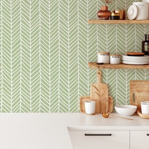 Green Herringbone Removable Wallpaper - Chevron Self Adhesive Wall Decal - Geometric Peel and Stick Wall Paper -Temporary Green Mural CC032