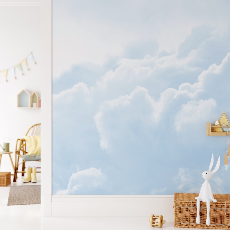 Boy Nursery Peel and Stick Mural Wallpaper Pastel Blue Sky Etsy