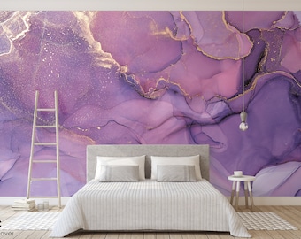Abstract Marble Peel and Stick Wall Mural Wallpaper - Very Peri Watercolor Self Adhesive - Alcohol Ink Purple Removable Wall Decal CCM056