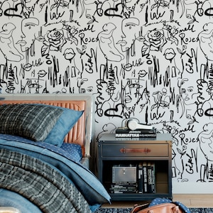 Black and White Abstract Female Peel and Stick Wallpaper -  Self Adhesive Line Art Decal - Tattoo Beauty Studio Salon Bar Wall Mural CC255