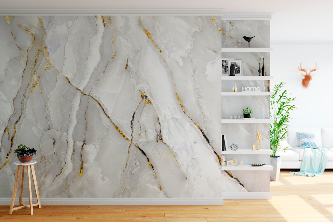White Marble Self Adhesive Wallpaper Abstract Gray Stone Etsy