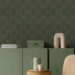 Green Gold Effect Art Deco Peel and Stick Wallpaper - Removable Luxury Wall Decal - Vintage Print Self Adhesive Wall Mural CC323