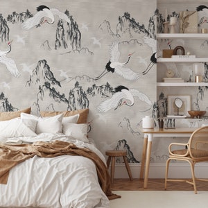 Chinoiserie Crane & Mountains - Chinese Style Bird Decor - White Herons Vintage Wallpaper - Faux Grasscloth Traditional Wall Mural CG003