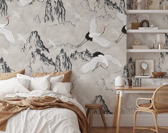 Chinoiserie Cranes Mountains Birds Wallpaper - Japanese Neutral Decor Wall Mural CG003