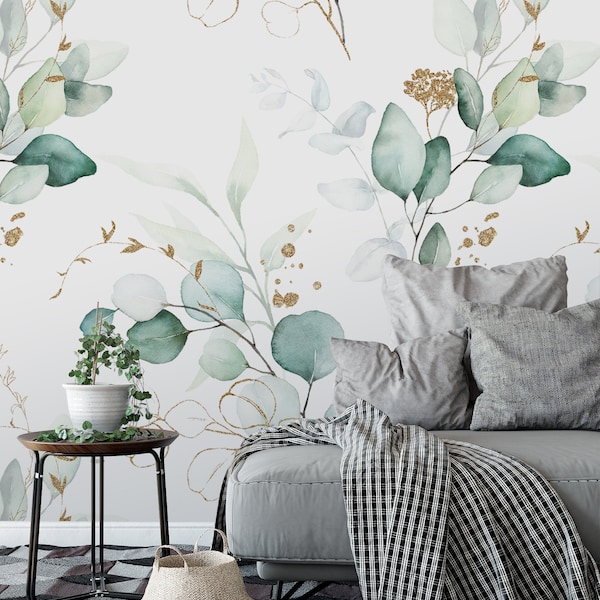 Green Eucalyptus Leaves Peel and Stick Wallpaper - Neutral Nature Removable Wall Decal - Watercolor Botanical Floral Wall Mural CC242