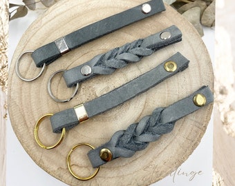 Leder Schlüsselband/Schlüsselanhänger mit Ring in grau