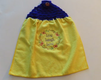 Live, Love, Laugh, Grow, and Play Themed Machine Embroidered and Crocheted Hanging Hand Towels