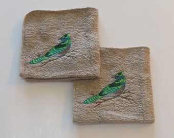 Bird Design Machine Embroidered Wash Cloths Set of 2