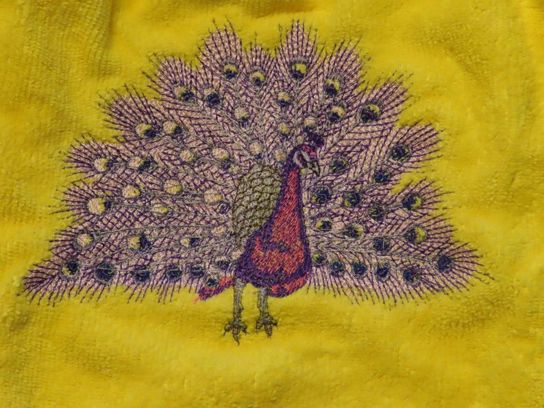 Purple-Pink Peacock Machine Embroidered and Crocheted Hanging Hand Towel