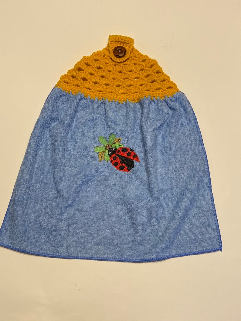 Ladybug on Green Embroidered and Crocheted Hanging Hand Towel