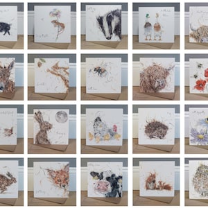 Ensemble complet de 20 cartes de vœux pour animaux - vache, renard, écureuil, poule, poussins, âne, lièvre, lapin, vache, bourdon, hérisson, rouge-gorge, troglodyte, abeille