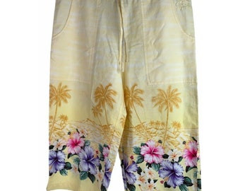 Nalu Wahine Hawaiian Pants XS  30" Waist Yellow Beach Palms Volcano Hibiscus