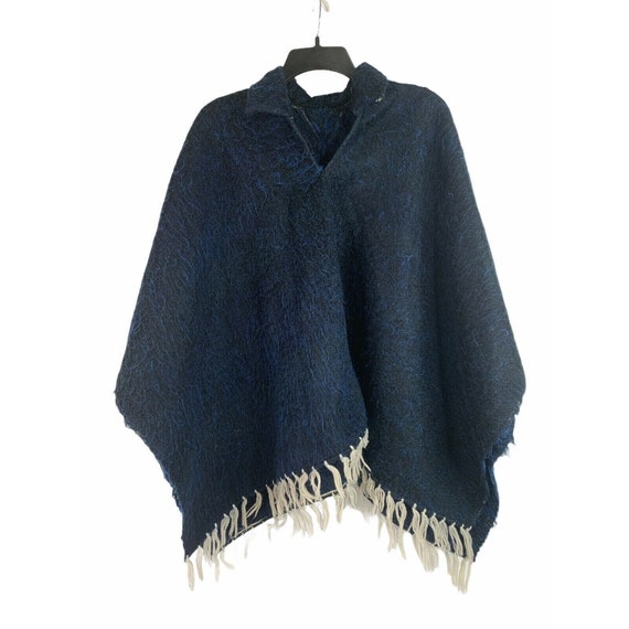 Vintage Poncho With Fringe Spanish Blue Alpaca Wo… - image 1