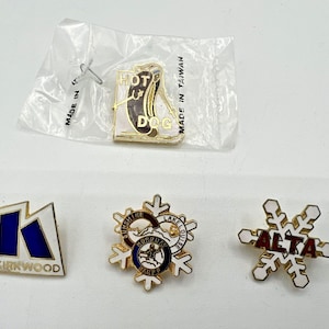 Könnte beinhalten: Fünf verschiedene Emaille-Pins mit verschiedenen Skigebietslogos. Die Pins sind weiß mit goldenen Verzierungen und zeigen die folgenden Logos: "Kirkwood", "Alta", "Sunshine", "Lake Louise" und "Hot Dog".