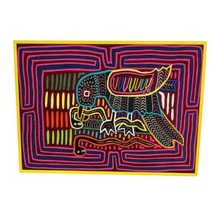 Vintage Mola Hand Stitched Kuna Native San Blas Panama Bird 16" x 11.5"  Framed