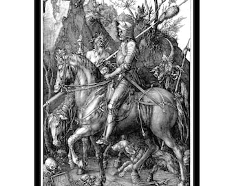 Puede incluir: Un grabado en madera en blanco y negro que representa a un caballero a caballo, con una calavera y huesos cruzados en la base de la imagen. El caballero lleva armadura y sostiene una lanza. El caballo se está encabritando, y hay dos figuras demoníacas en el fondo.
