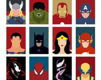 May include: A set of superhero posters with minimalist designs. The posters feature characters like Thor, Hulk, Iron Man, Captain America, Superman, Batman, Wonder Woman, and The Flash. Text reads "Create Your own set of posters" and "More available characters".