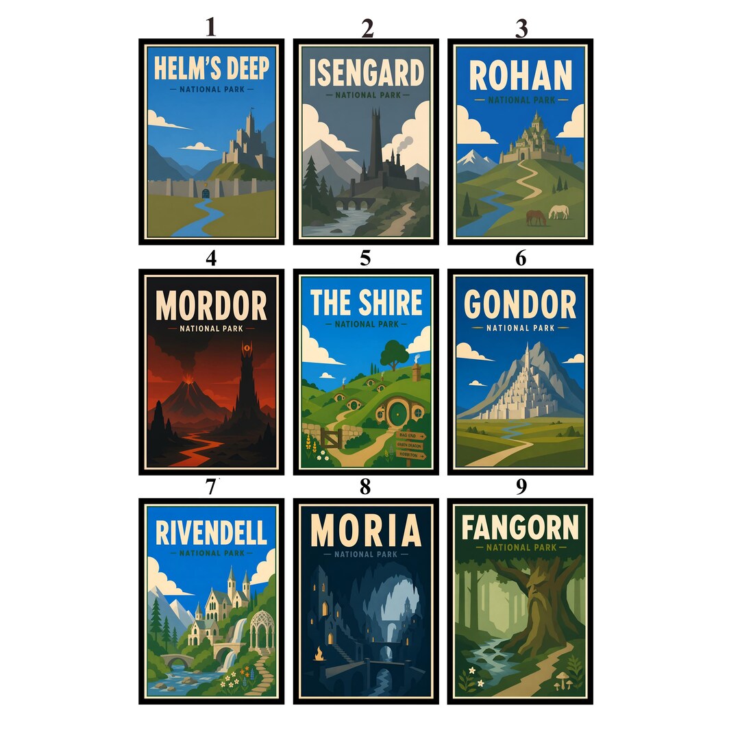 Fantasy Travel Poster Set Middle Earth Wall Art Minimalist Lord of the ...