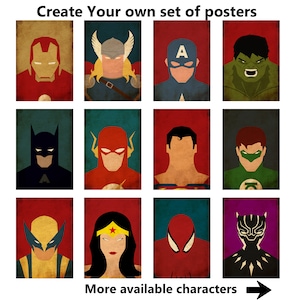 Create Personal Superhero Poster Set Vintage Minimalist Superhero Prints Superhero Gift Wall Art