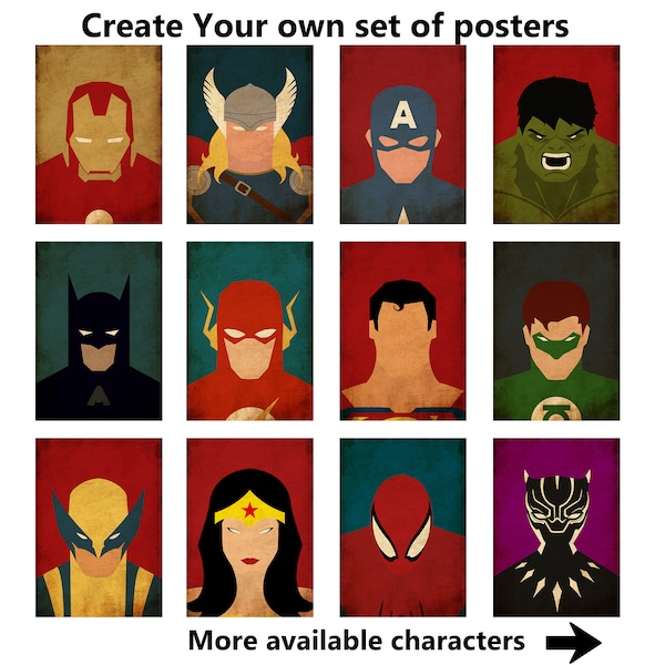 Create Personal Superhero Poster Set Vintage Minimalist Superhero Prints Superhero Gift Wall Art