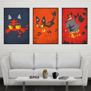 Litten Evolution Poster Set Litten Torracat Incineroar Poster Set Litten Print Torracat Print Incineroar Print Wall Art