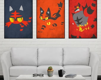 Litten Evolution Poster Set Litten Torracat Incineroar Poster Set Litten Print Torracat Print Incineroar Print Wall Art